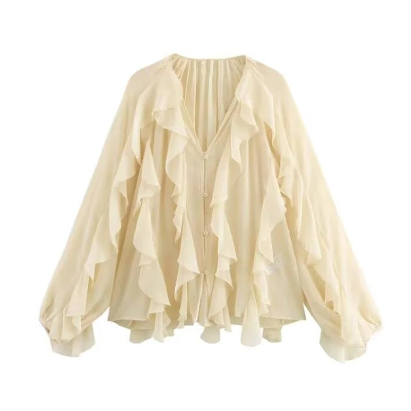 Ethereal Ruffle Semi-Sheer Chiffon Blouse