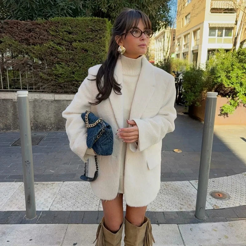 Long Faux Fur Straight Blazer Coat