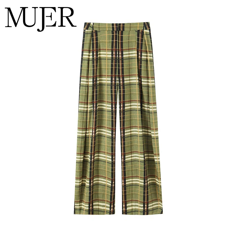 Plaid pants with a visible brand logo on a white background