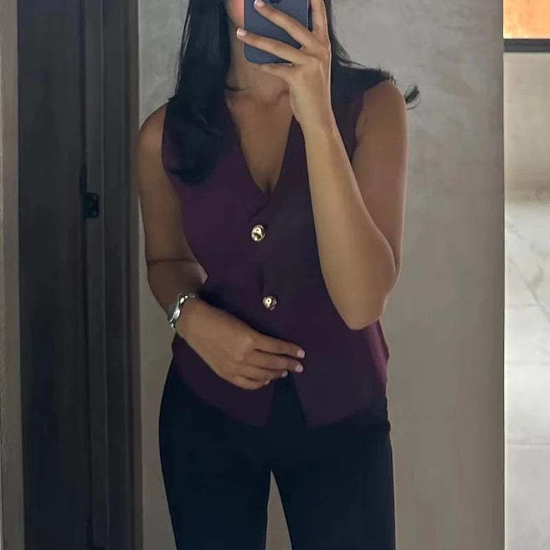 Cropped V-Neck Knit Button Vest