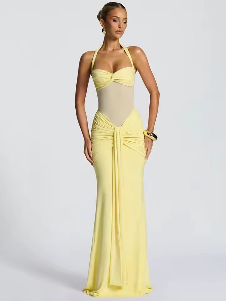 Halter Mesh Patchwork Maxi Dress with Ribbon Detail