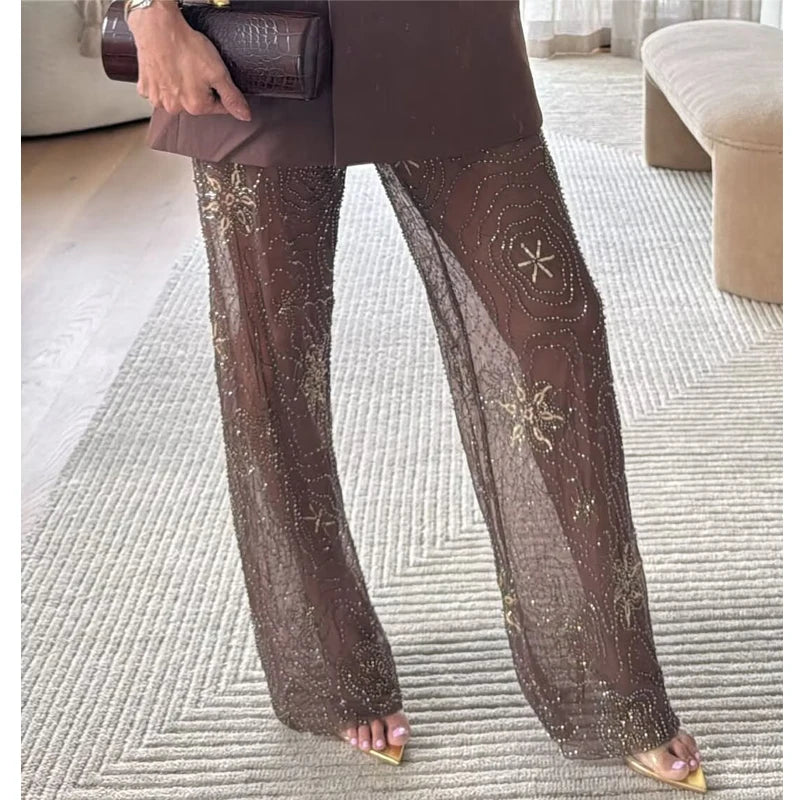 Sheer Sequin Wide-Leg Pants