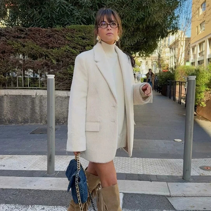 Long Faux Fur Straight Blazer Coat