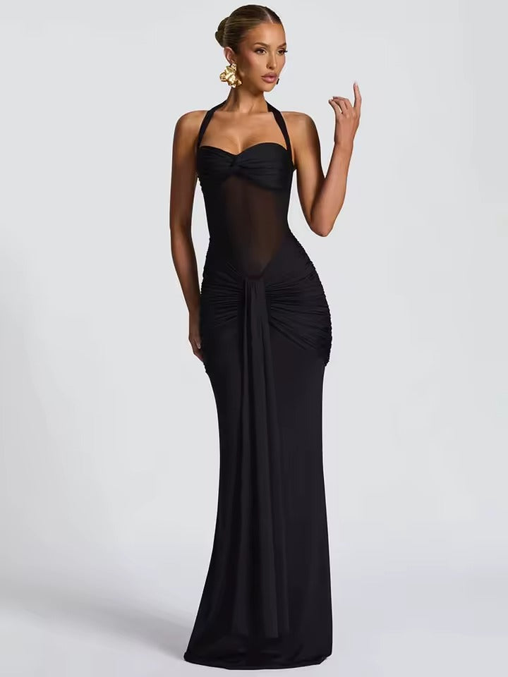 Halter Mesh Patchwork Maxi Dress with Ribbon Detail