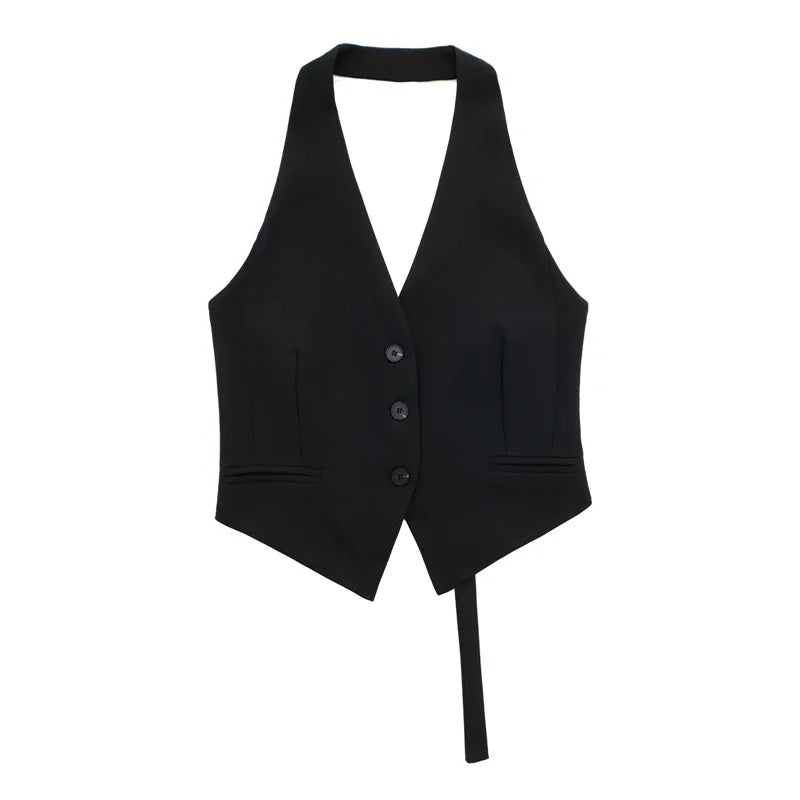 Off-Shoulder Cropped Vest with V-Neck – Sleeveless Tailored Waistcoat
