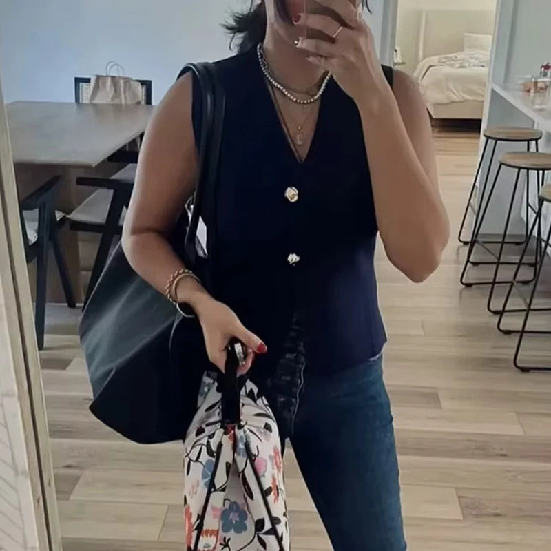 Cropped V-Neck Knit Button Vest