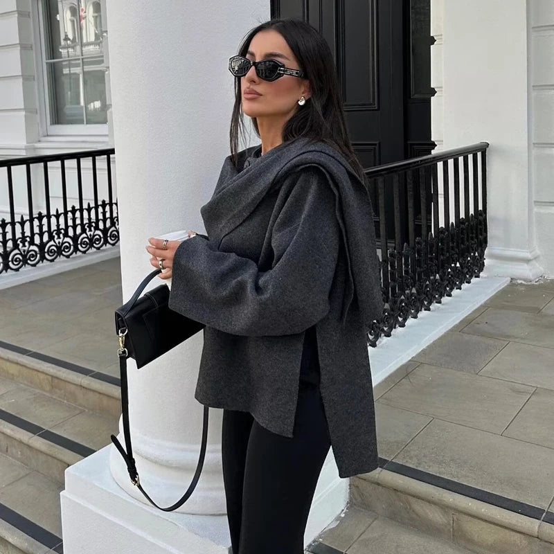 Plush Asymmetric Scarf Collar Winter Coat – Padded Long Sleeve Jacket