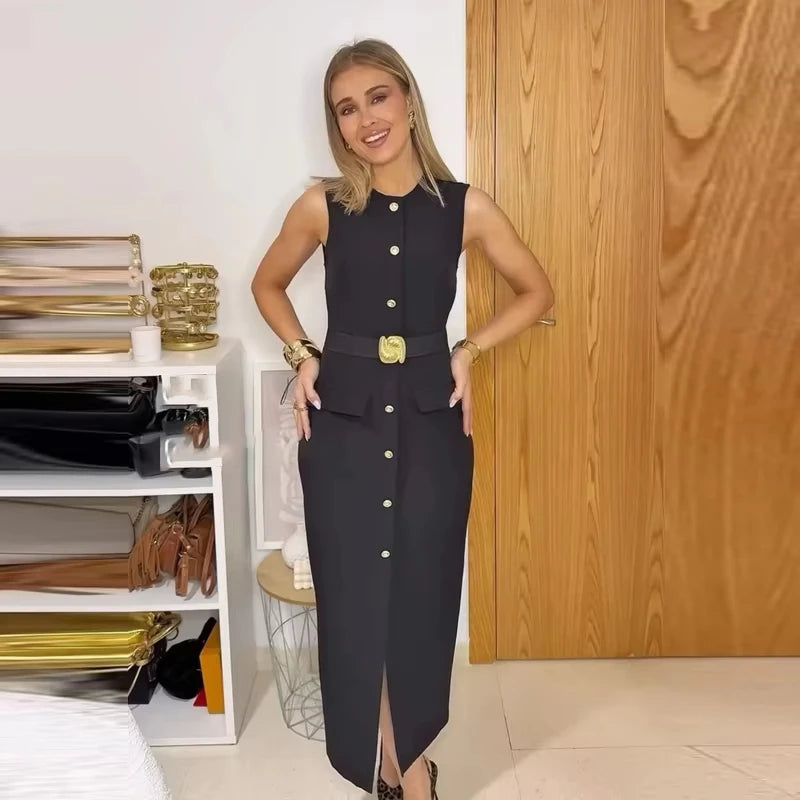 Sleeveless Belted Button-Front Midi Dress