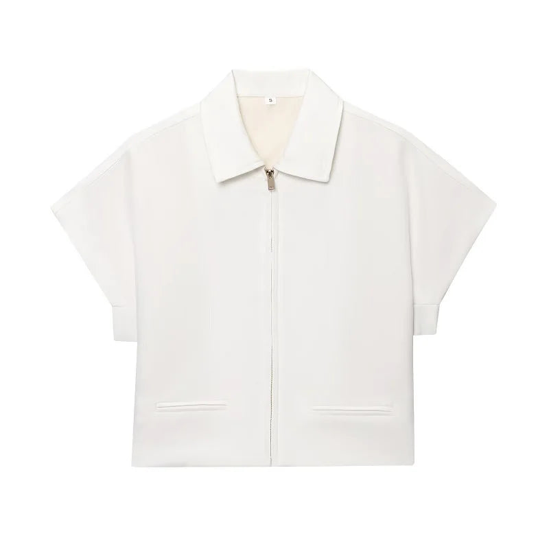 Cropped Varsity Zipper Jacket with Short Sleeves – Turn-Down Collar