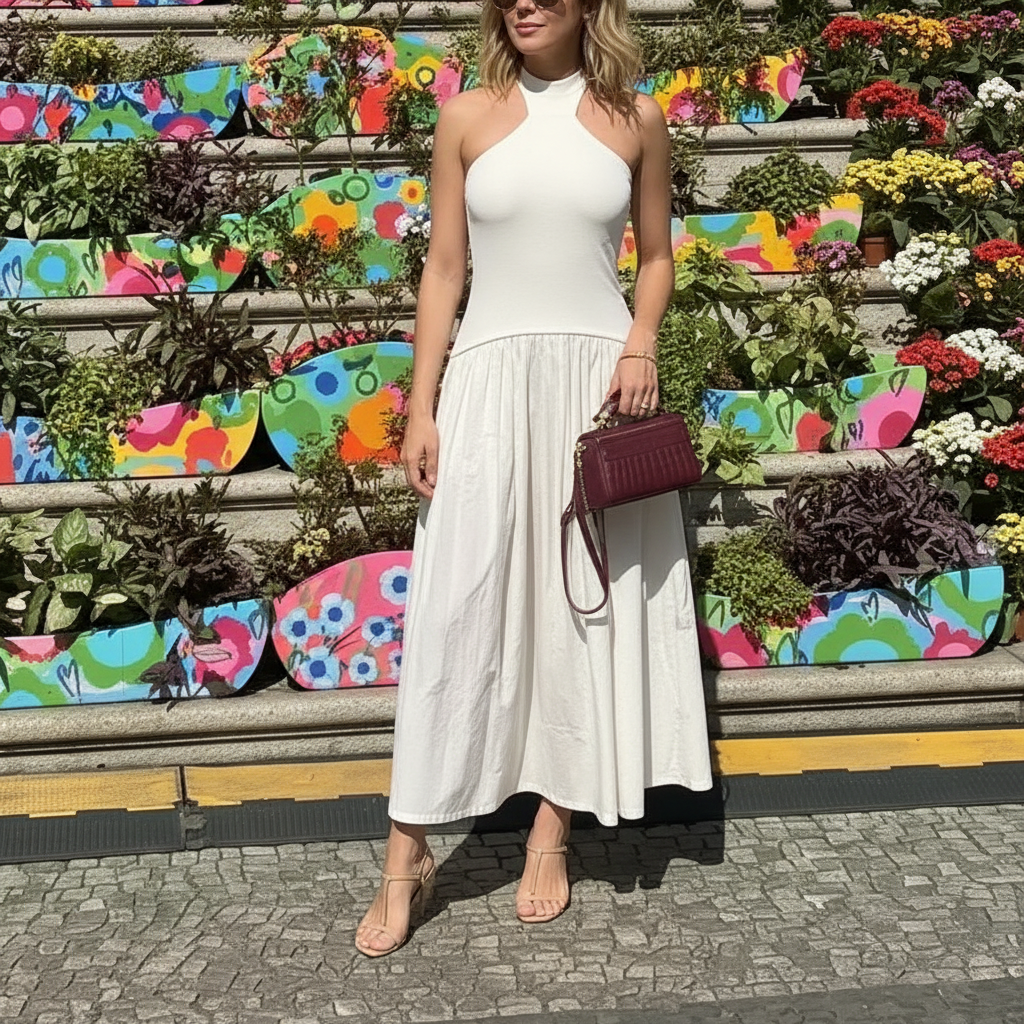 Woman in a white dress standing in front of a colorful floral display.