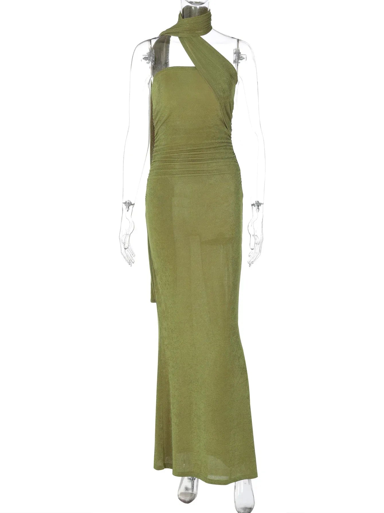 Green evening gown on a mannequin against a white background