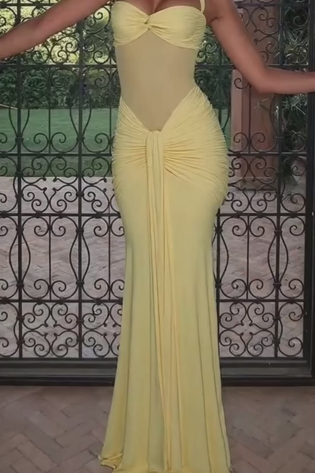 Halter Mesh Patchwork Maxi Dress with Ribbon Detail