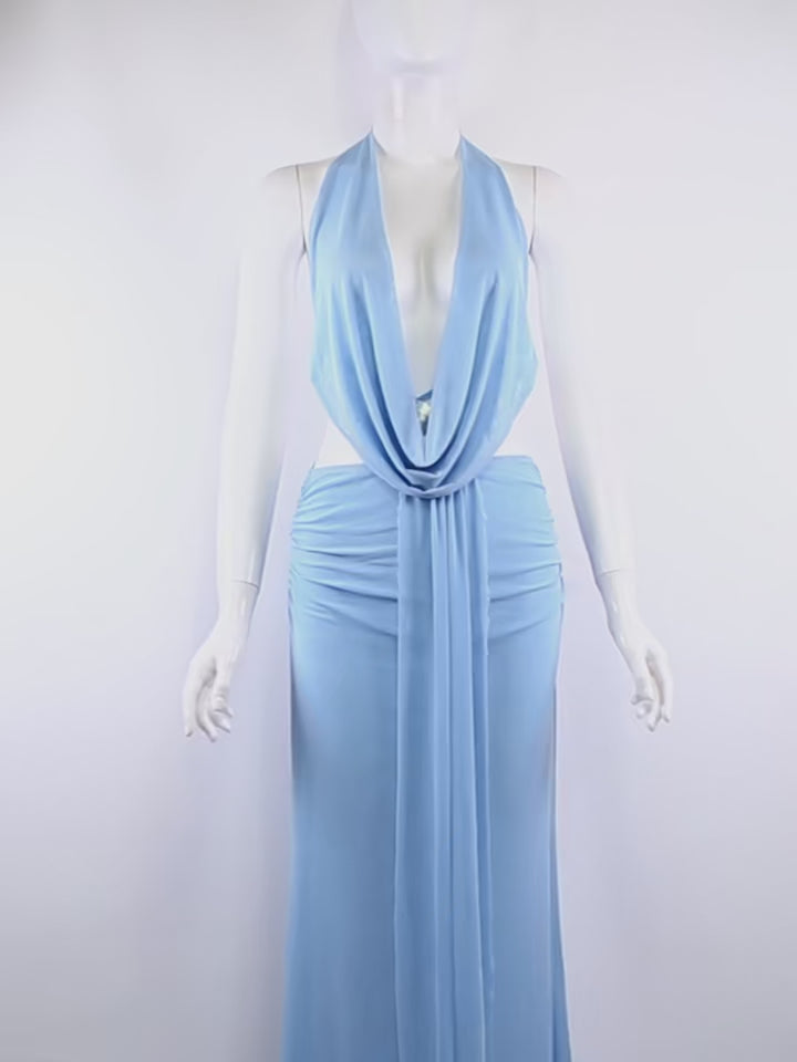 Sheer Halter Two-Piece Set with Ruched Maxi Skirt
