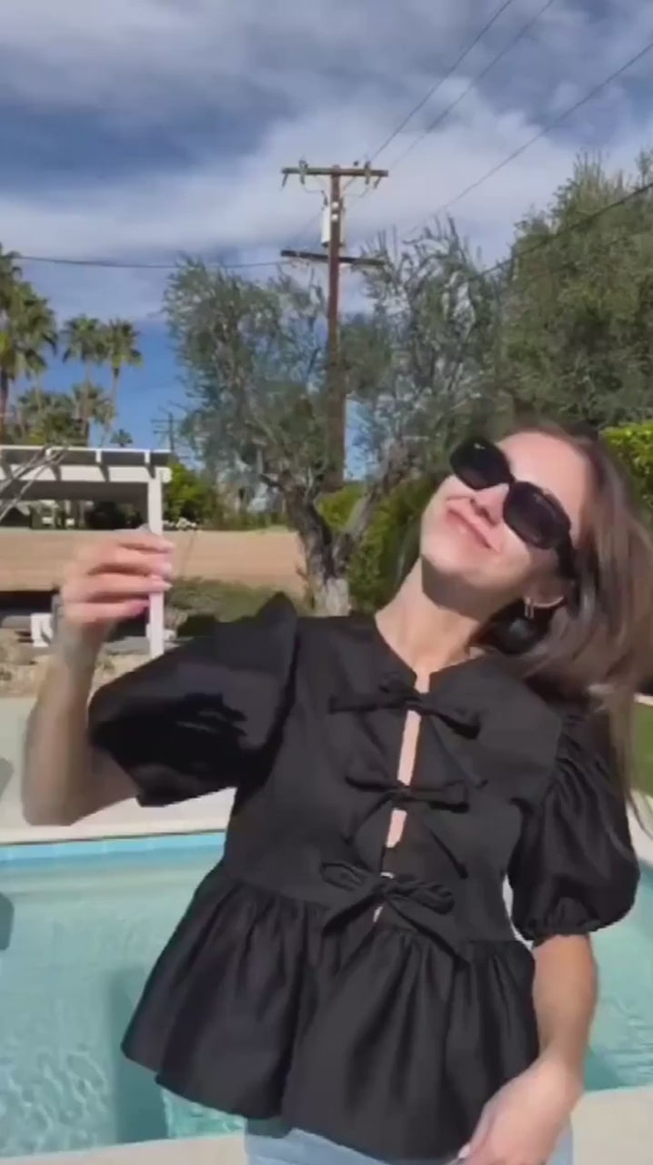 Ruched Crop Blouse with Puff Sleeves and Ruffle Detail