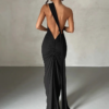 One Shoulder Backless Adjustable Scarf Loop Ruched Maxi Dress