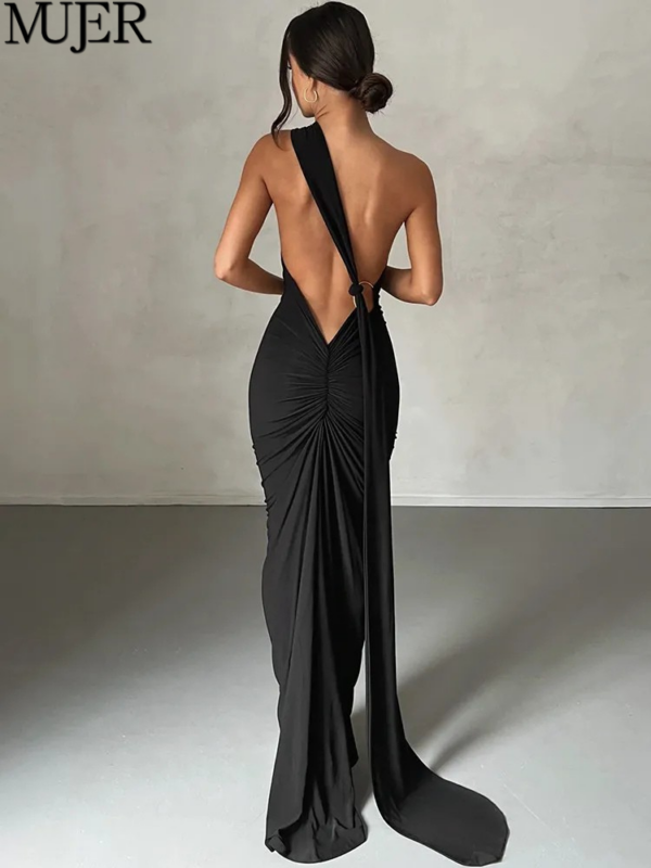 One Shoulder Backless Adjustable Scarf Loop Ruched Maxi Dress