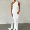 One Shoulder Backless Adjustable Scarf Loop Ruched Maxi Dress