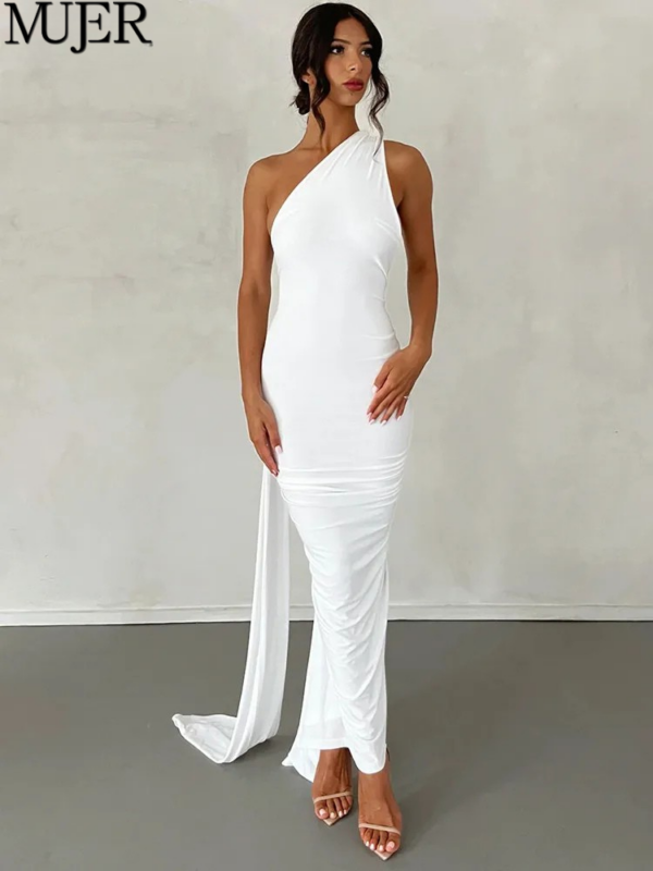 One Shoulder Backless Adjustable Scarf Loop Ruched Maxi Dress