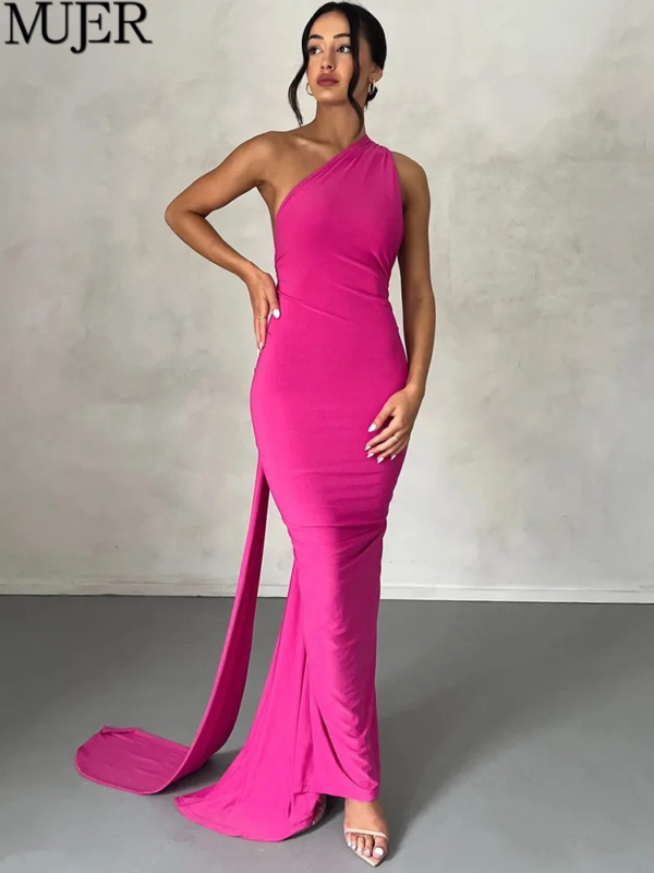 One Shoulder Backless Adjustable Scarf Loop Ruched Maxi Dress