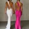 One Shoulder Backless Adjustable Scarf Loop Ruched Maxi Dress