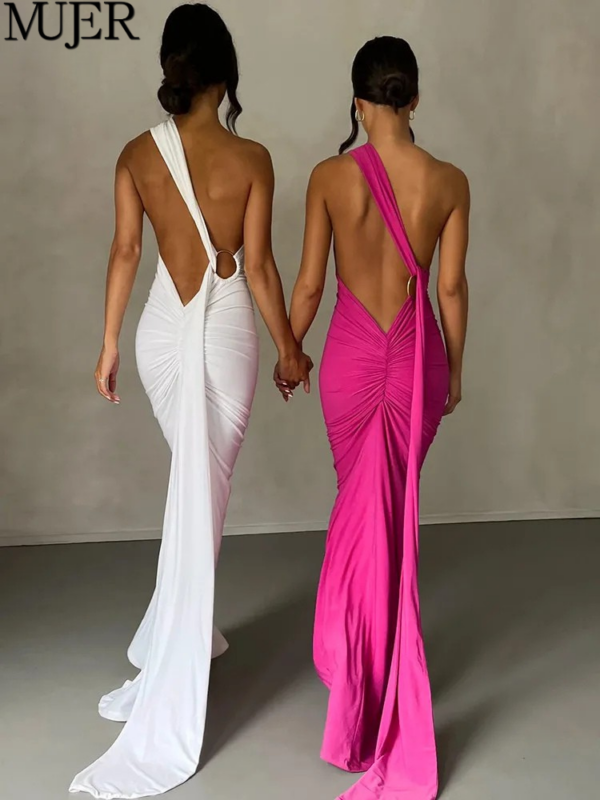 One Shoulder Backless Adjustable Scarf Loop Ruched Maxi Dress
