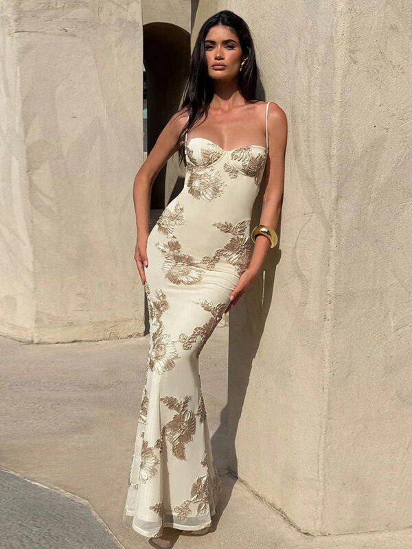 Floral Embroidery V-Neck Backless Maxi Dress
