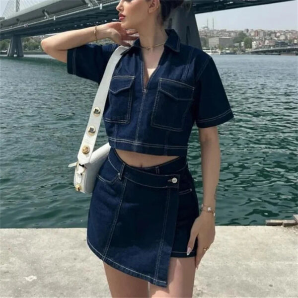 Denim Cropped Shirt and Skort Two-Piece Set Denim Cropped Shirt and Skort Two-Piece Set