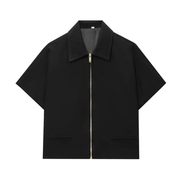 Cropped Varsity Zipper Jacket with Short Sleeves – Turn-Down Collar Cropped Varsity Zipper Jacket with Short Sleeves – Turn-Down Collar