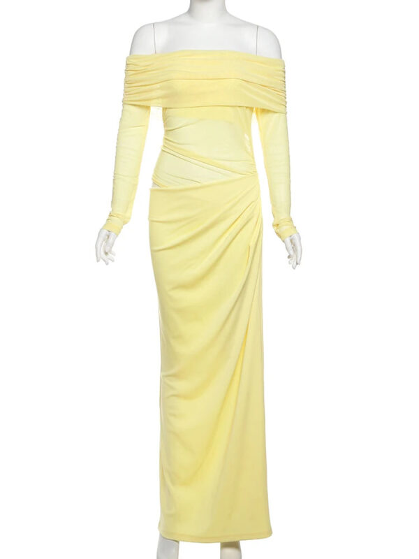 Off-Shoulder Mesh Patchwork Maxi Dress with Ruched Detail