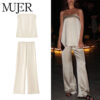 Off-White Satin Strapless Top & High-Waist Straight-Leg Trousers — Two-Piece Set Off-White Satin Strapless Top & High-Waist Straight-Leg Trousers — Two-Piece Set