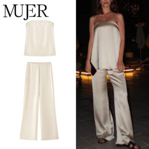Off-White Satin Strapless Top & High-Waist Straight-Leg Trousers — Two-Piece Set