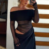 Off-Shoulder Mesh Patchwork Maxi Dress with Ruched Detail