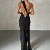 One Shoulder Backless Adjustable Scarf Loop Ruched Maxi Dress