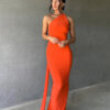 One Shoulder Backless Adjustable Scarf Loop Ruched Maxi Dress