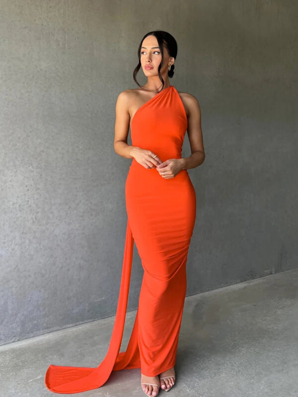 One Shoulder Backless Adjustable Scarf Loop Ruched Maxi Dress