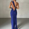 One Shoulder Backless Adjustable Scarf Loop Ruched Maxi Dress