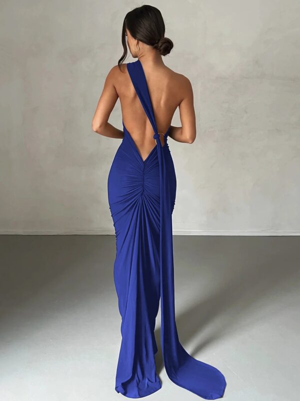 One Shoulder Backless Adjustable Scarf Loop Ruched Maxi Dress