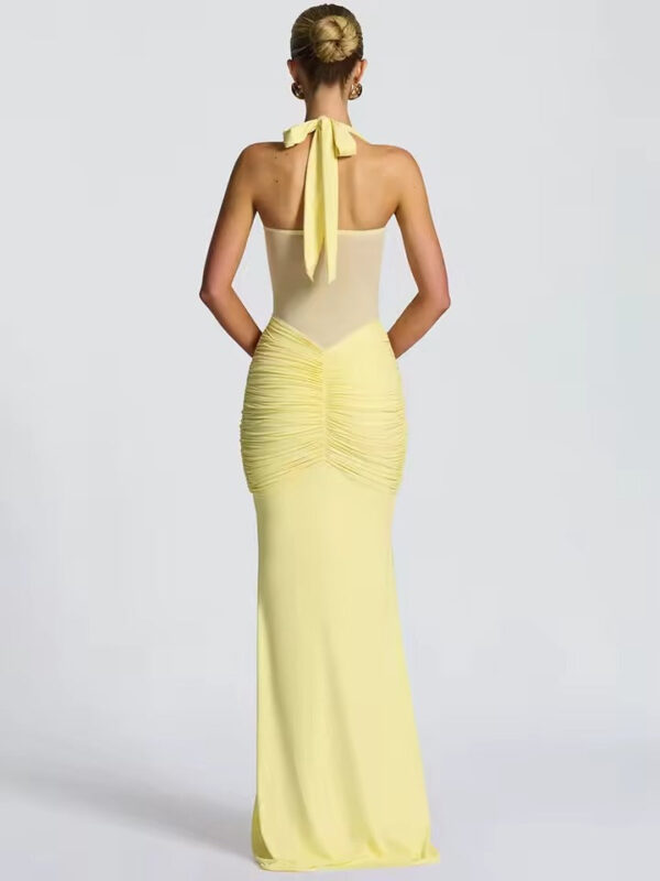 Halter Mesh Patchwork Maxi Dress with Ribbon Detail Halter Mesh Patchwork Maxi Dress with Ribbon Detail