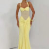Halter Mesh Patchwork Maxi Dress with Ribbon Detail Halter Mesh Patchwork Maxi Dress with Ribbon Detail