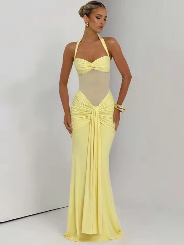 Halter Mesh Patchwork Maxi Dress with Ribbon Detail Halter Mesh Patchwork Maxi Dress with Ribbon Detail