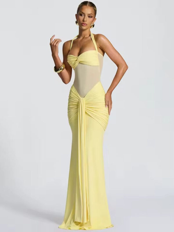 Halter Mesh Patchwork Maxi Dress with Ribbon Detail Halter Mesh Patchwork Maxi Dress with Ribbon Detail