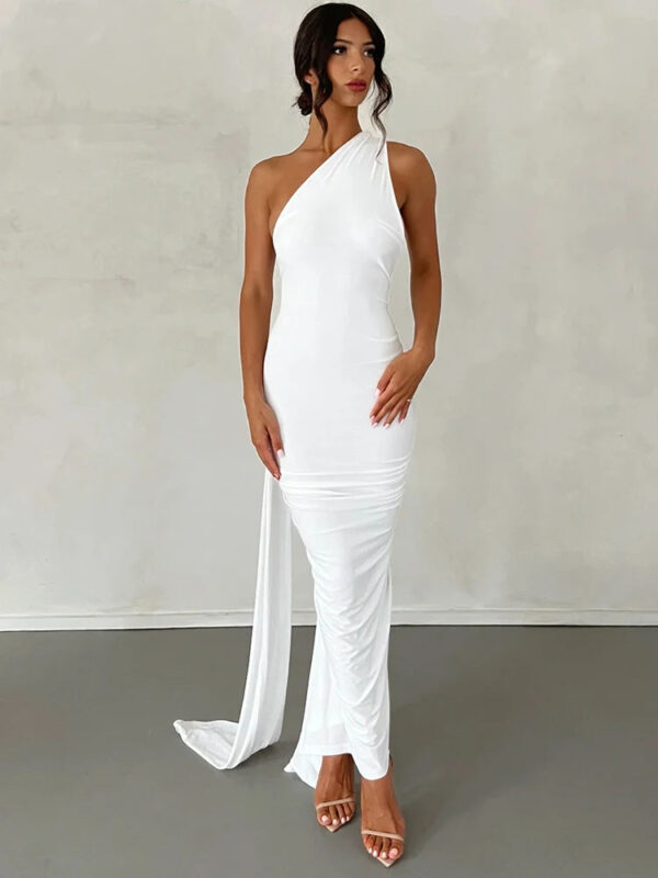 One Shoulder Backless Adjustable Scarf Loop Ruched Maxi Dress