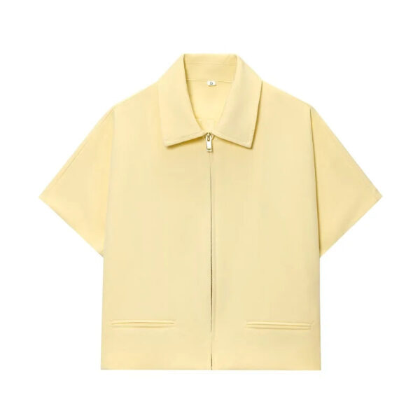 Cropped Varsity Zipper Jacket with Short Sleeves – Turn-Down Collar Cropped Varsity Zipper Jacket with Short Sleeves – Turn-Down Collar