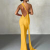 One Shoulder Backless Adjustable Scarf Loop Ruched Maxi Dress