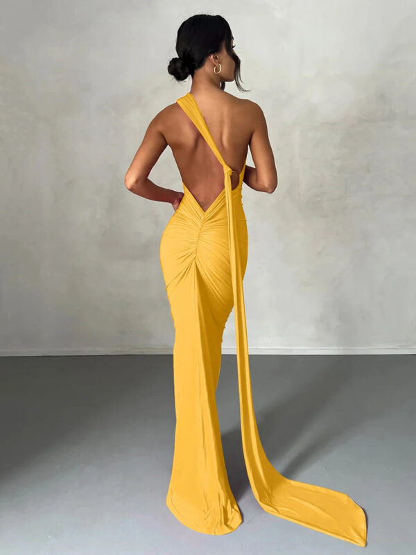 One Shoulder Backless Adjustable Scarf Loop Ruched Maxi Dress