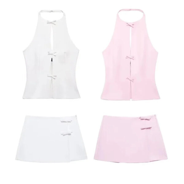 Off-Shoulder Halter Crop Top & Matching Mini Skirt – Bow Detail Separates