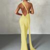 One Shoulder Backless Adjustable Scarf Loop Ruched Maxi Dress