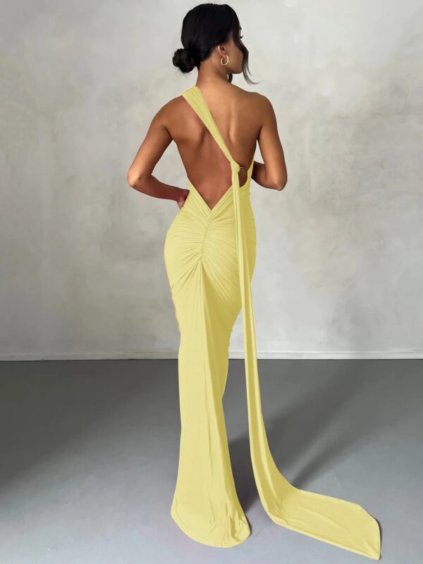 One Shoulder Backless Adjustable Scarf Loop Ruched Maxi Dress