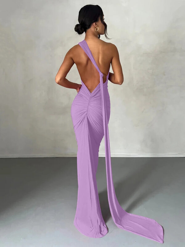 One Shoulder Backless Adjustable Scarf Loop Ruched Maxi Dress