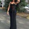Halter Mesh Patchwork Maxi Dress with Ribbon Detail Halter Mesh Patchwork Maxi Dress with Ribbon Detail